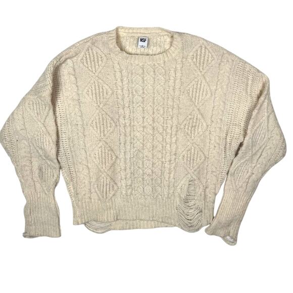 NSF Annabelle Boyfriend Distressed Cable Knit Sweater Chunky Cream Wool Medium - Picture 1 of 7